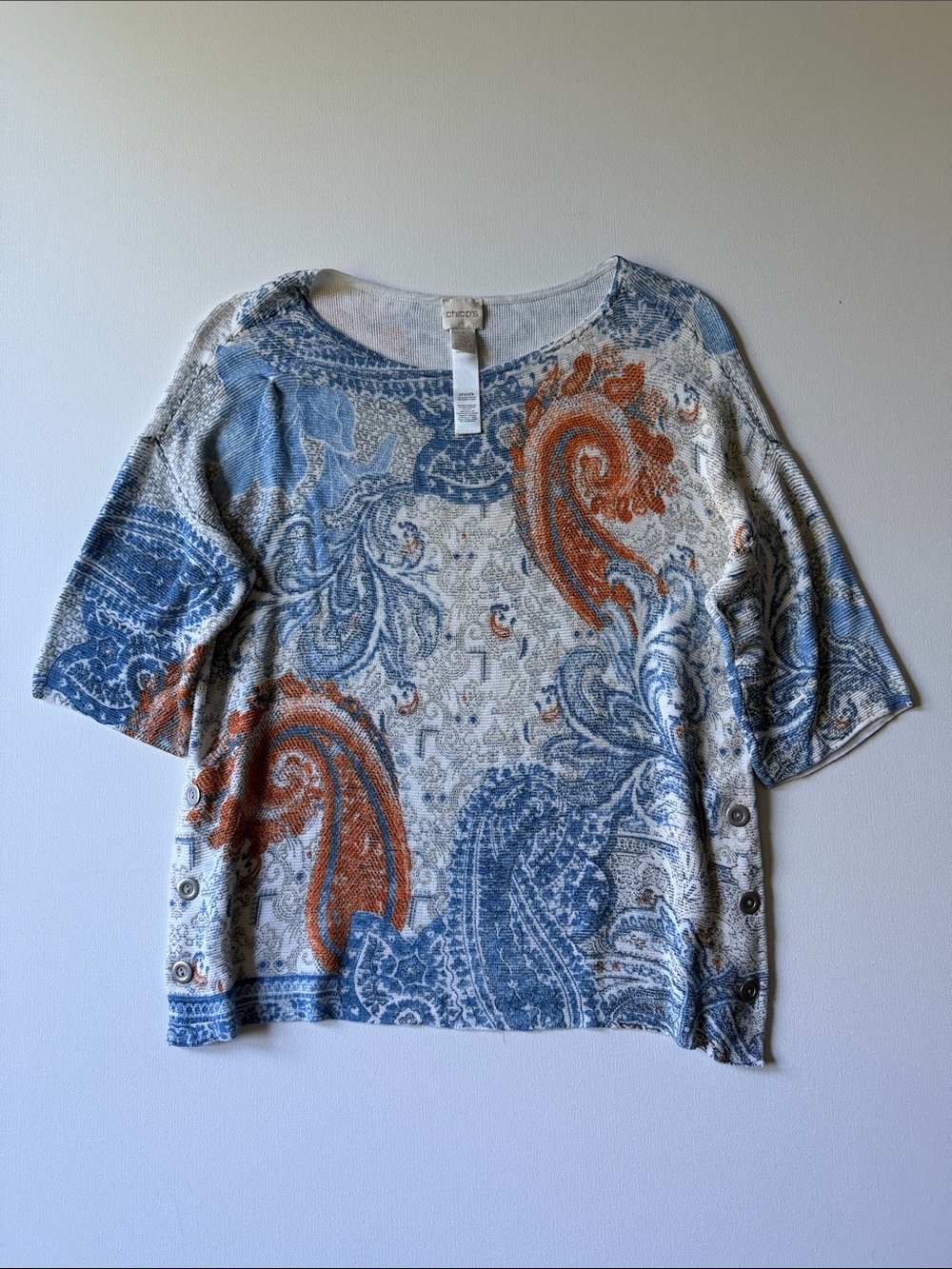 Chico’s Paisley Print Short Sleeve Top with Button Side Detail - Blue & Orange 1